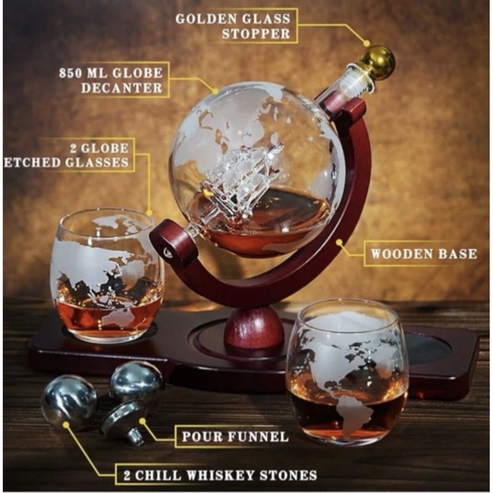 Whiskey Etched World Globe Decanter Set Antique Ship 2 Glasses Wood Base NIB